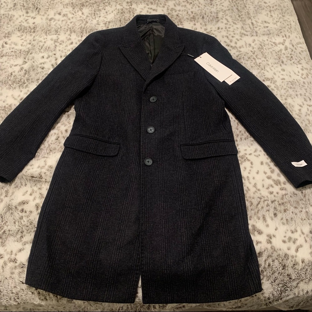 Calvin Klein Men's Malibu Slim-Fit Charcoal Plaid Overcoat - Picture 2 of 13